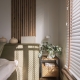 Modern Japandi appartment interior design in earth tones, natural textures with wooden solid oak furniture and sliding Japanese wood doors. Japandi concept