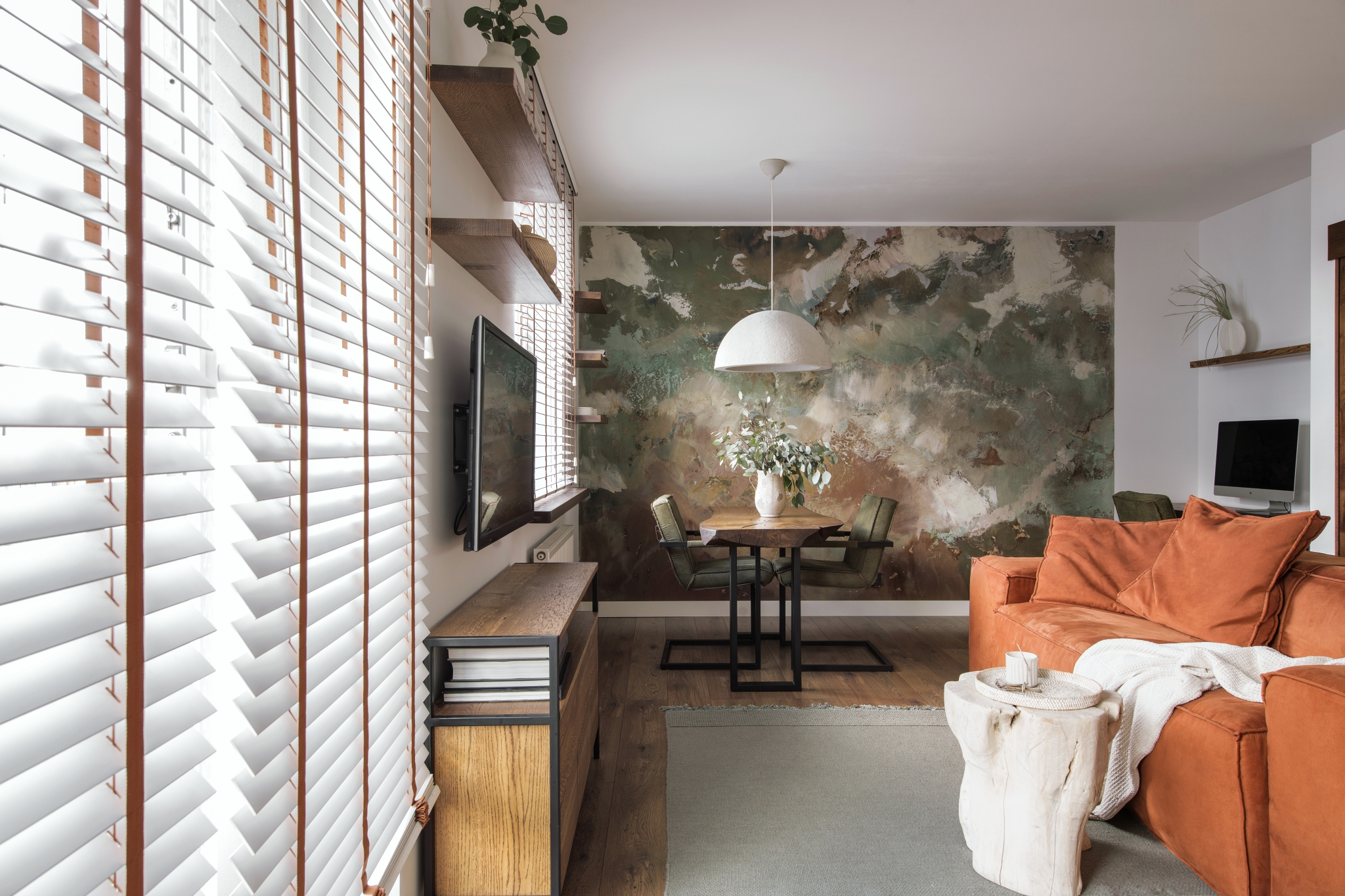 Modern Japandi appartment interior design in earth tones, natural textures with wooden solid oak furniture and sliding Japanese wood doors. Japandi concept