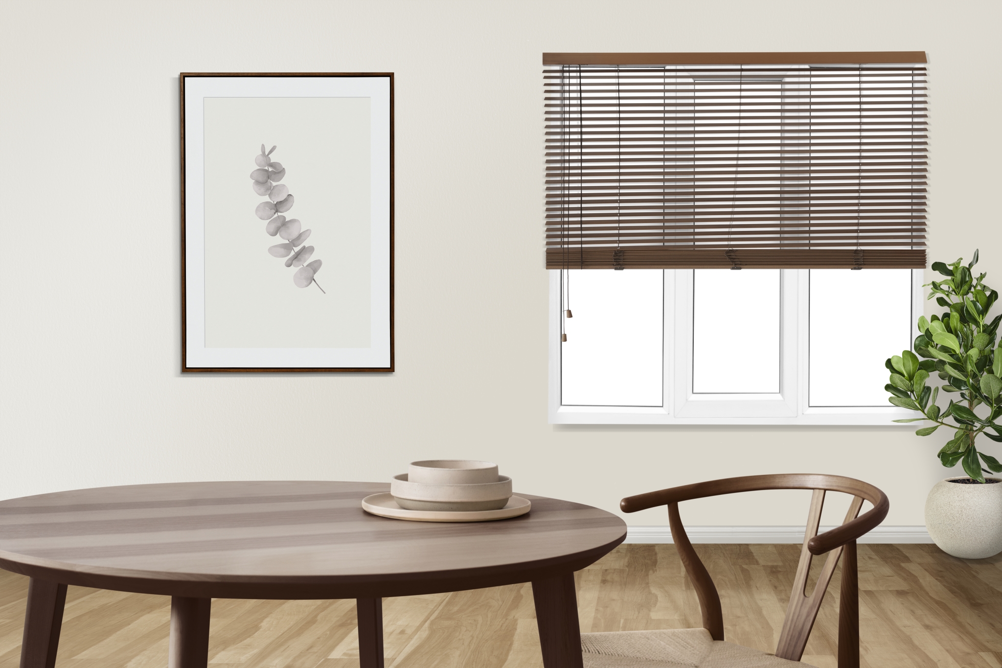 Minimal authentic dining room interior design with picture frame