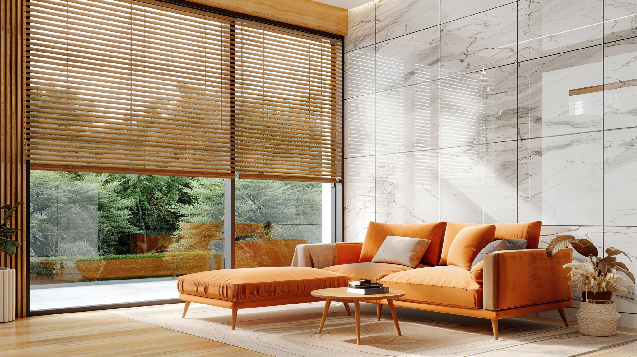 Modern Living Room with Orange Sofa and Wooden Blinds