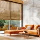 Modern Living Room with Orange Sofa and Wooden Blinds