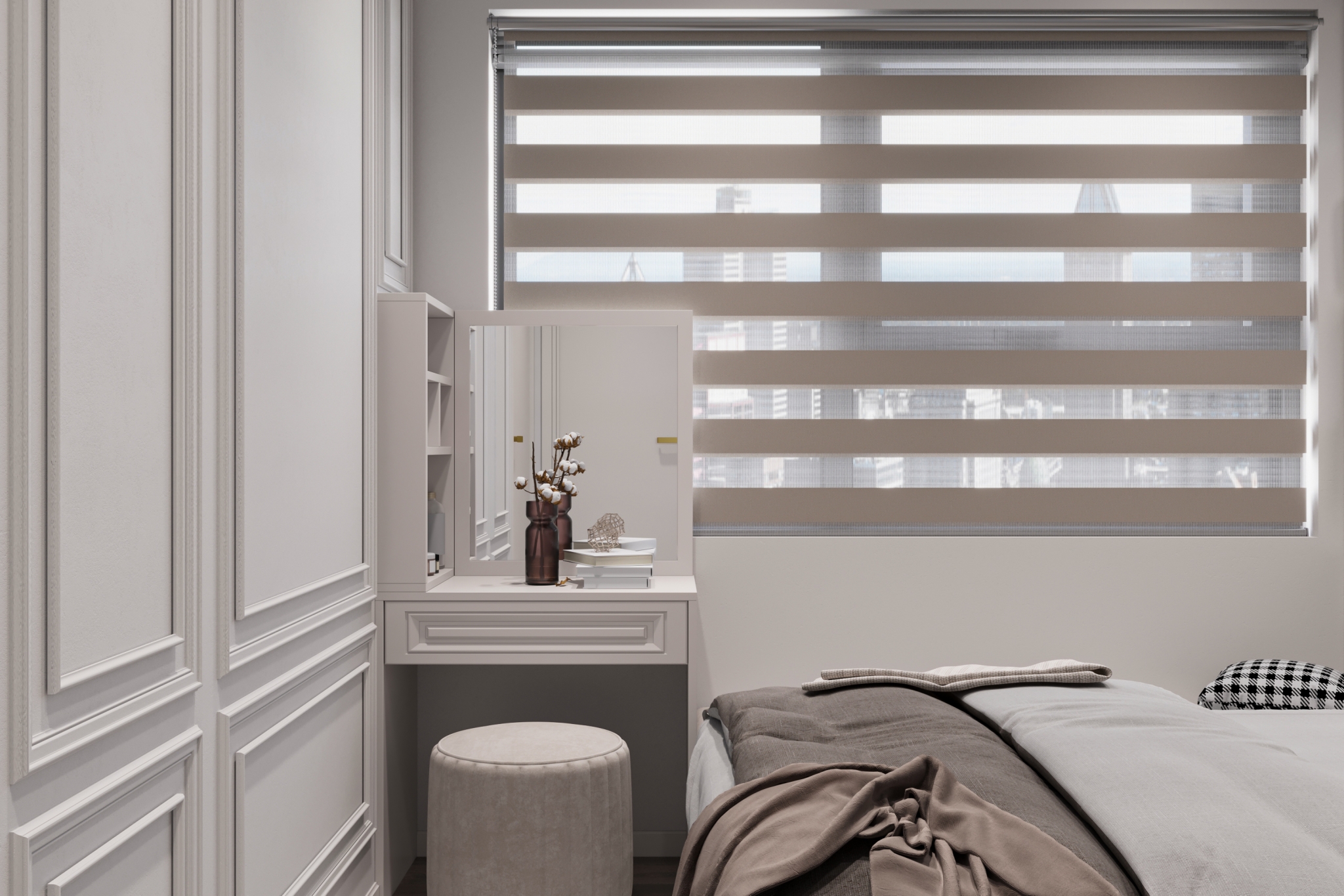 White folding window opening on mid century minimalist bedroom